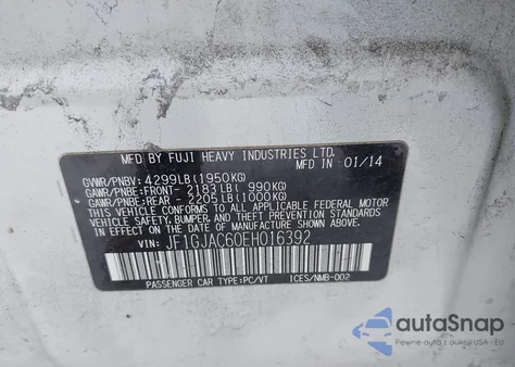 2014 Subaru Impreza 2.0I Premium z USA, uszkodzony, nr VIN JF1GJAC60EH016392